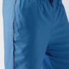 Blue quick-dry swim trunks with white drawstring. Fine stitching details visible. Lightweight, textured fabric. Beachwear. -