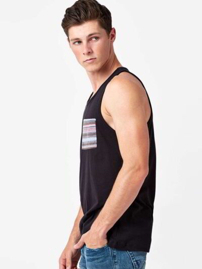 Close-up of a smooth, stretchy, seamless singlet. Neutral color, fine knit texture. Shows the comfortable, tagless neckline a