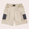 Solid color casual shorts. Fine-wale corduroy texture, close stitching. Light blue hue. Elastic waistband, relaxed fit, above