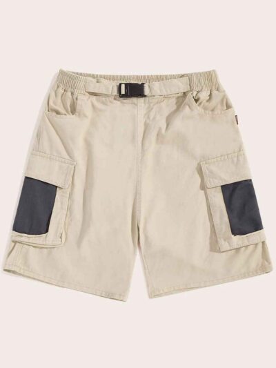 Solid color casual shorts. Fine-wale corduroy texture, close stitching. Light blue hue. Elastic waistband, relaxed fit, above