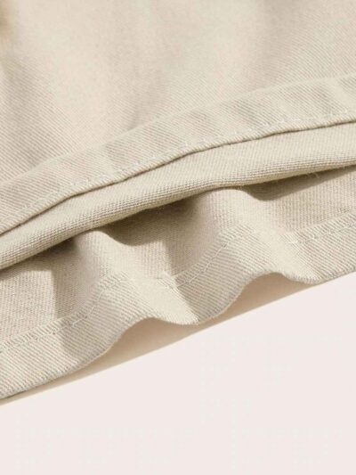 Solid color casual shorts. Fine-wale corduroy texture, close stitching. Light blue hue. Elastic waistband, relaxed fit, above