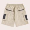 Solid color casual shorts. Fine-wale corduroy texture, close stitching. Light blue hue. Elastic waistband, relaxed fit, above