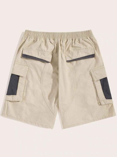 Solid color casual shorts. Fine-wale corduroy texture, close stitching. Light blue hue. Elastic waistband, relaxed fit, above