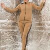 Women's zip-front tracksuit set. Soft-looking knit fabric, custom pocket detailing. Casual athletic style, likely for wholesa