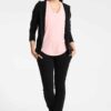 Black tracksuit featuring a hooded jacket with a visible zipper and matching pants. Fine stitching and soft-looking fabric te