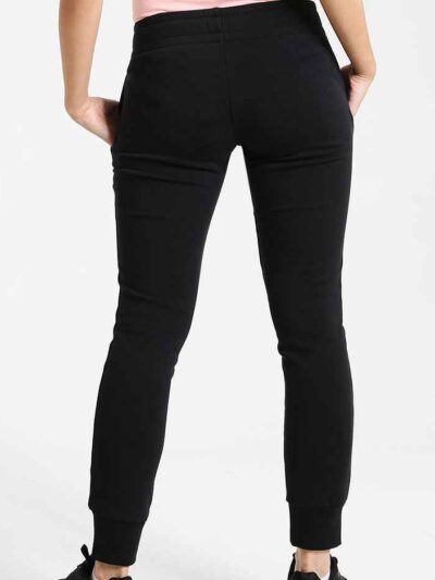 Black tracksuit featuring a hooded jacket with a visible zipper and matching pants. Fine stitching and soft-looking fabric te