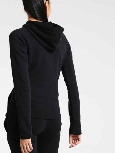 Black tracksuit featuring a hooded jacket with a visible zipper and matching pants. Fine stitching and soft-looking fabric te
