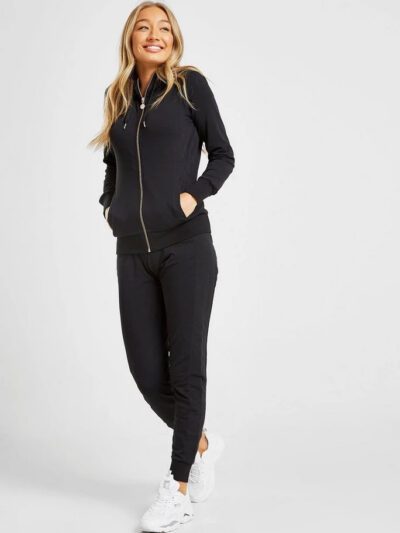 Women's zipper tracksuit. Soft-look knit fabric, tailored fit, clean stitching. Hints of grey and pink. Jacket and joggers se