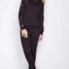 Black loungewear sweatsuit: PU leather accents, delicate lace trim. Soft, flowing fabric. Comfortable, stylish. - View 1 of 6
