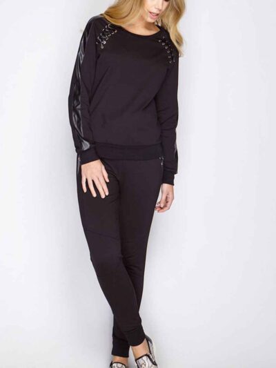 Black loungewear sweatsuit: PU leather accents, delicate lace trim. Soft, flowing fabric. Comfortable, stylish. - View 1 of 6