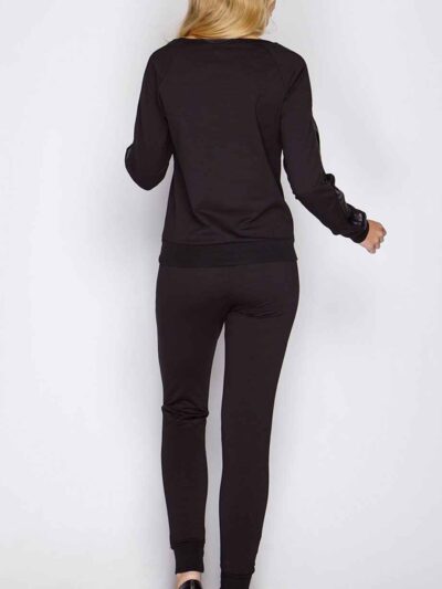 Black loungewear sweatsuit: PU leather accents, delicate lace trim. Soft, flowing fabric. Comfortable, stylish. - View 3 of 6