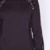 Black loungewear sweatsuit: PU leather accents, delicate lace trim. Soft, flowing fabric. Comfortable, stylish. - View 5 of 6