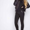 Black loungewear sweatsuit: PU leather accents, delicate lace trim. Soft, flowing fabric. Comfortable, stylish. - View 6 of 6
