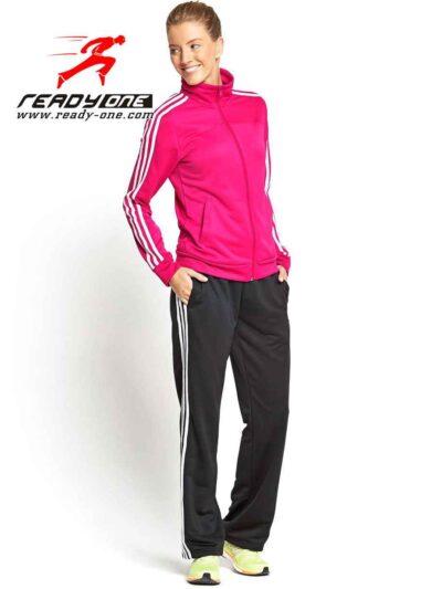 Women's tracksuit: vibrant rose and slate gray. Soft, brushed-fleece texture. Clean, durable stitching. Comfortable, stylish