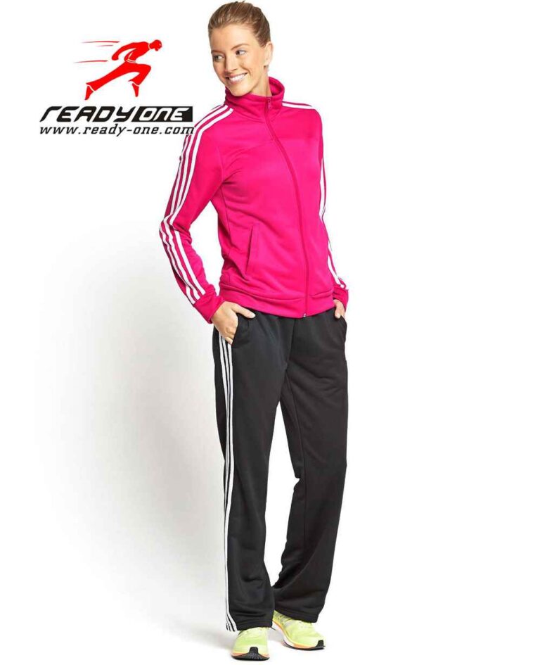 Women's tracksuit: vibrant rose and slate gray. Soft, brushed-fleece texture. Clean, durable stitching. Comfortable, stylish