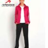Women's tracksuit: vibrant rose and slate gray. Soft, brushed-fleece texture. Clean, durable stitching. Comfortable, stylish