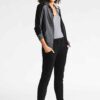 Women's running jacket with a zippered front and attached hood. Heathered fabric texture, durable stitching. Lightweight spor