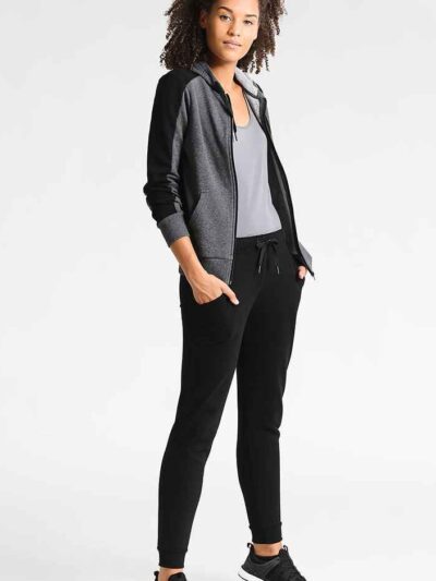 Women's running jacket with a zippered front and attached hood. Heathered fabric texture, durable stitching. Lightweight spor