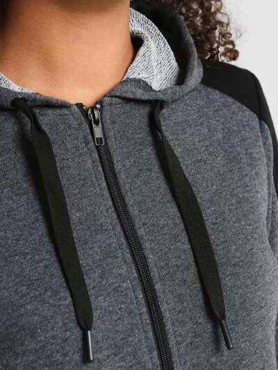Women's running jacket with a zippered front and attached hood. Heathered fabric texture, durable stitching. Lightweight spor