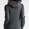 Women's running jacket with a zippered front and attached hood. Heathered fabric texture, durable stitching. Lightweight spor