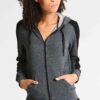 Women's running jacket with a zippered front and attached hood. Heathered fabric texture, durable stitching. Lightweight spor